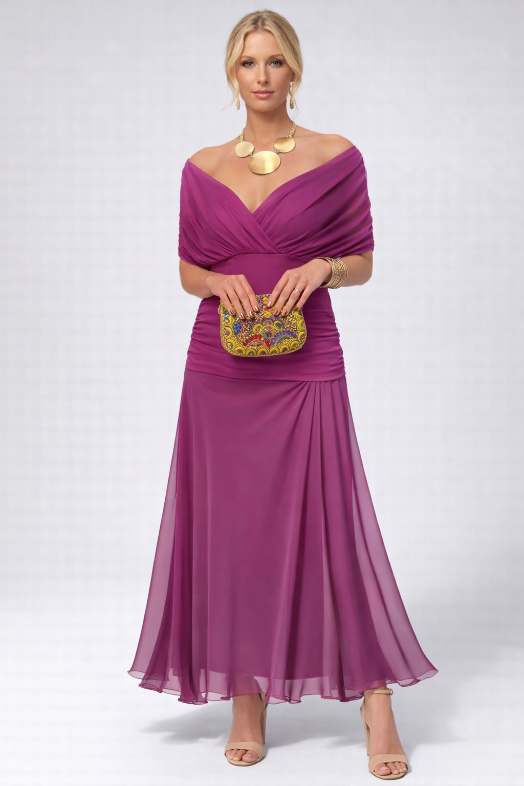 Vestido Largo Floral Fluido para Mujer Off-Shoulder V-Cuello Formal Elegante para Invitadas de Boda Casual – Lilly