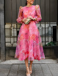 Vestido Midi Floral para Invitadas de Boda con Mangas Largas Transparentes, Fluido, Romántico, Elegante y Formal