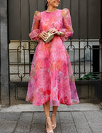 Vestido Midi Floral para Invitadas de Boda con Mangas Largas Transparentes, Fluido, Romántico, Elegante y Formal