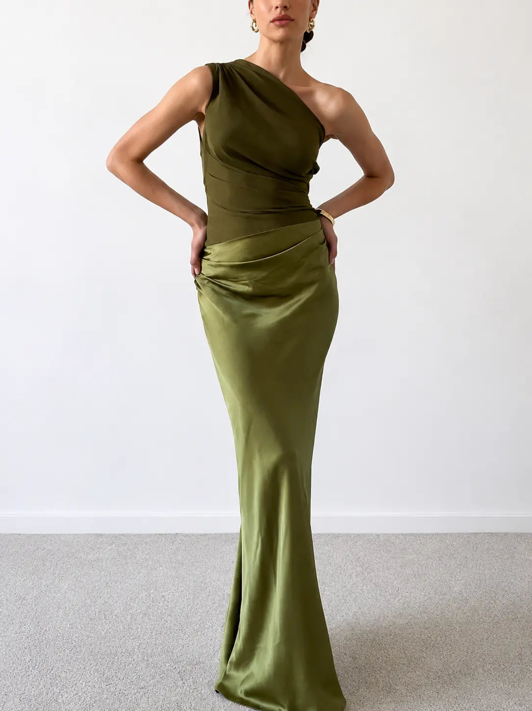 Vestido Largo de Satén Plisado de Una Sola Manga para Mujer Elegante Invitada de Boda Fiesta Noche – Anita