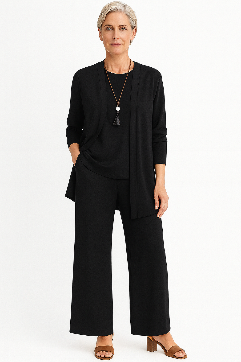 Conjunto Elegante de 3 Piezas para Mujeres: Blazer, Chaleco y Pantalones de Pierna Ancha, Ligeros y Chic Casual – Pin