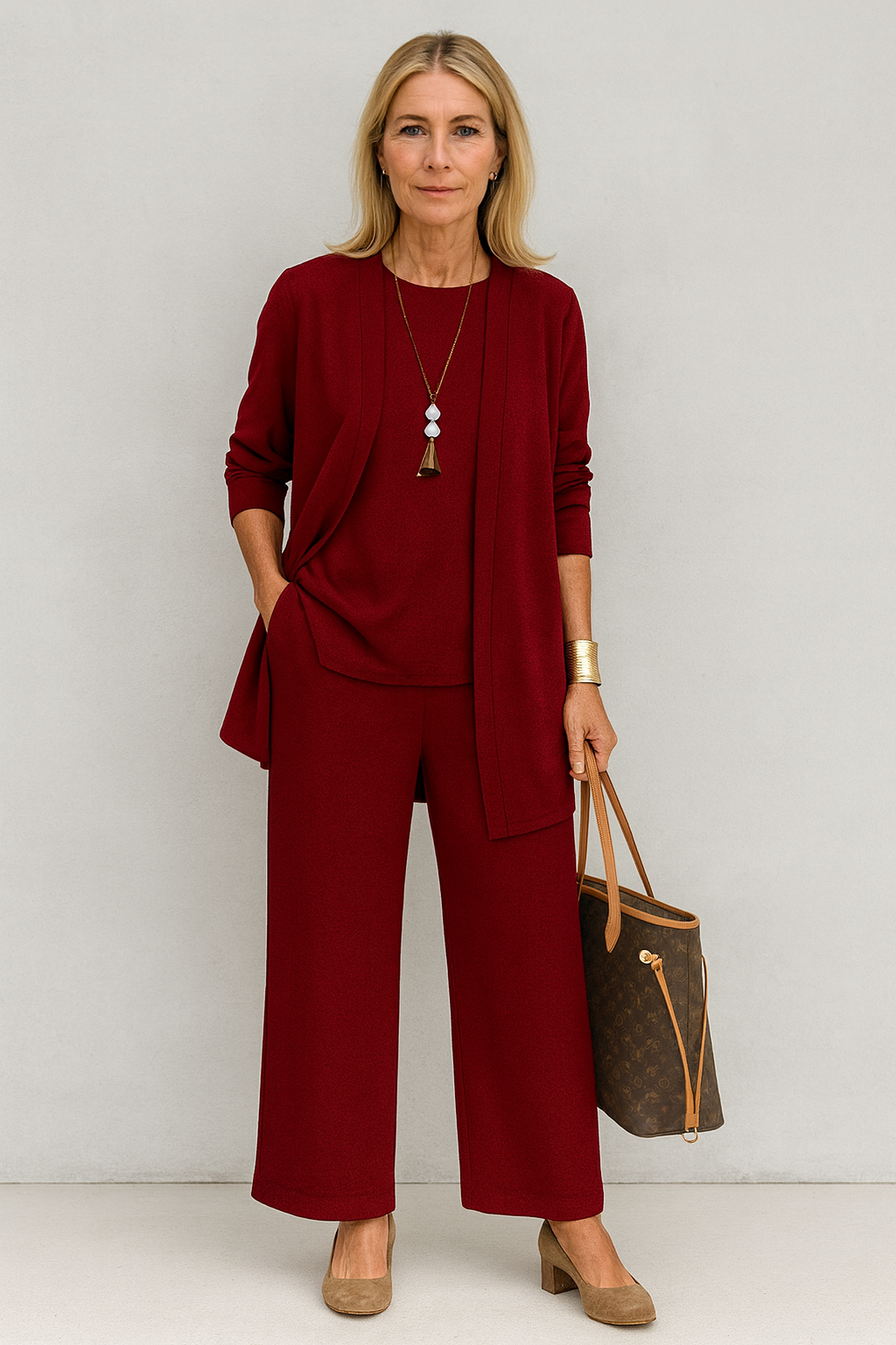 Conjunto Elegante de 3 Piezas para Mujeres: Blazer, Chaleco y Pantalones de Pierna Ancha, Ligeros y Chic Casual – Pin