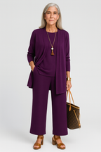 Conjunto Elegante de 3 Piezas para Mujeres: Blazer, Chaleco y Pantalones de Pierna Ancha, Ligeros y Chic Casual – Pin