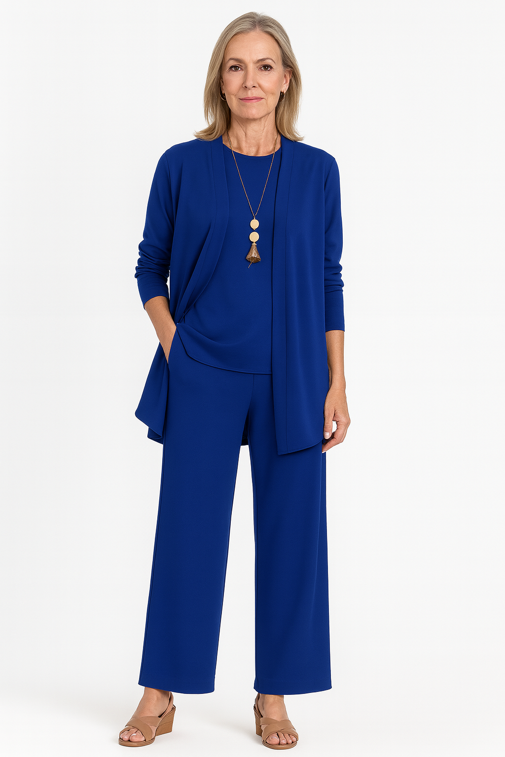 Conjunto Elegante de 3 Piezas para Mujeres: Blazer, Chaleco y Pantalones de Pierna Ancha, Ligeros y Chic Casual – Pin