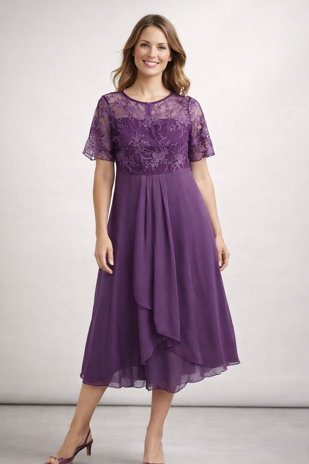Vestido Midi de Chifón con Encaje y Manga Corta para Mujer, Invitada de Boda, Formal, Elegante, Fluido, Tallas Grandes