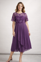 Vestido Midi de Chifón con Encaje y Manga Corta para Mujer, Invitada de Boda, Formal, Elegante, Fluido, Tallas Grandes
