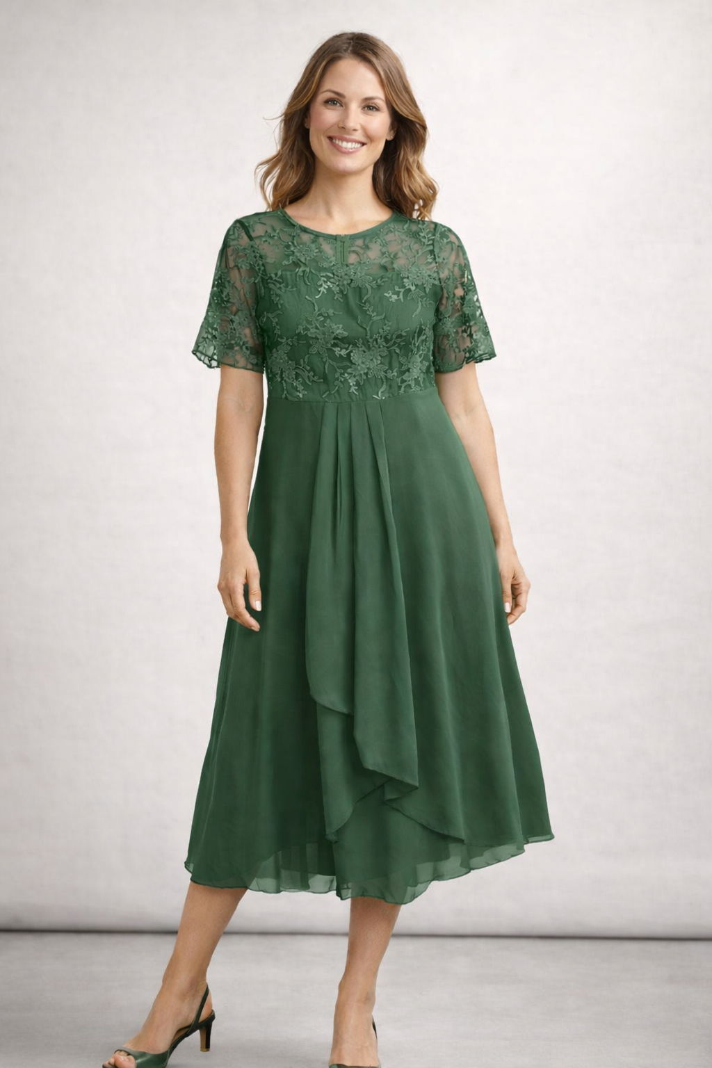Vestido Midi de Chifón con Encaje y Manga Corta para Mujer, Invitada de Boda, Formal, Elegante, Fluido, Tallas Grandes