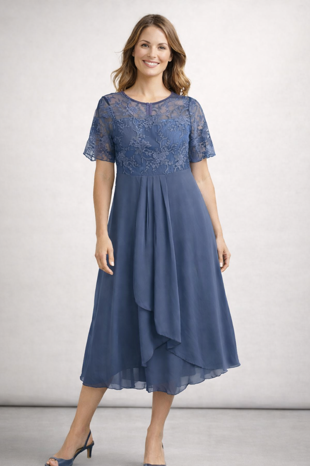 Vestido Midi de Chifón con Encaje y Manga Corta para Mujer, Invitada de Boda, Formal, Elegante, Fluido, Tallas Grandes