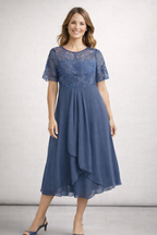 Vestido Midi de Chifón con Encaje y Manga Corta para Mujer, Invitada de Boda, Formal, Elegante, Fluido, Tallas Grandes