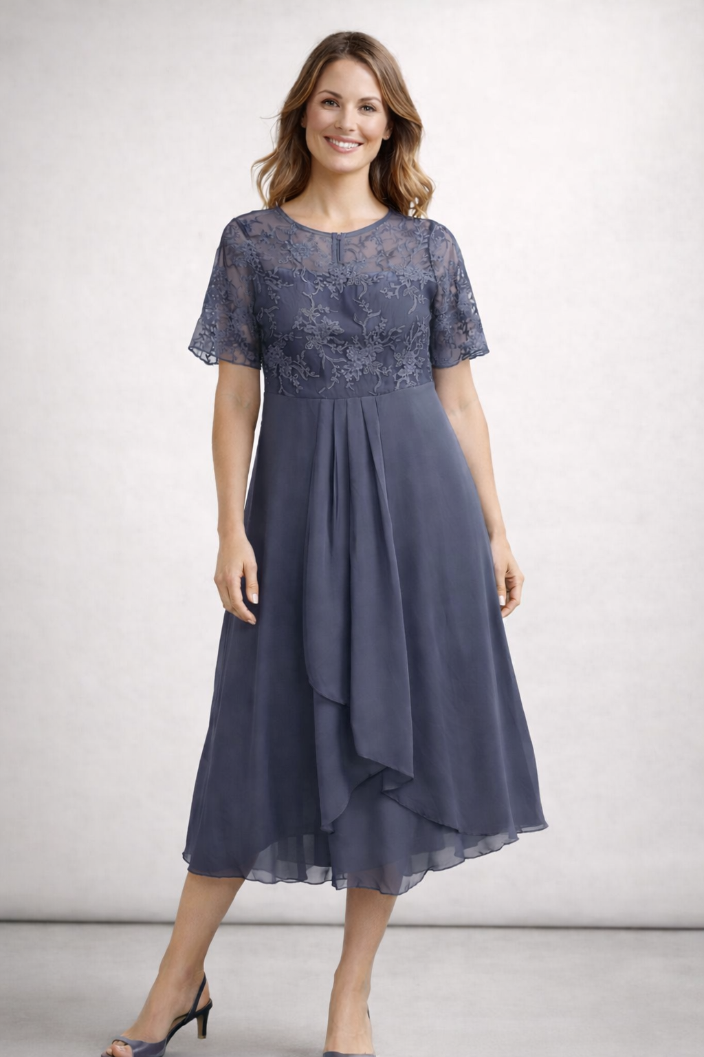 Vestido Midi de Chifón con Encaje y Manga Corta para Mujer, Invitada de Boda, Formal, Elegante, Fluido, Tallas Grandes