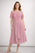 Vestido Midi de Chifón con Encaje y Manga Corta para Mujer, Invitada de Boda, Formal, Elegante, Fluido, Tallas Grandes