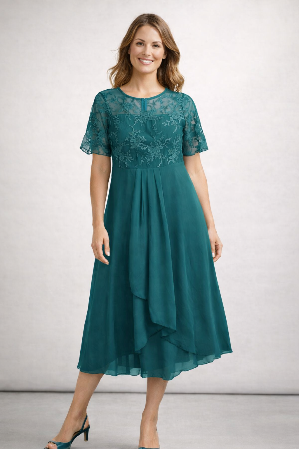 Vestido Midi de Chifón con Encaje y Manga Corta para Mujer, Invitada de Boda, Formal, Elegante, Fluido, Tallas Grandes
