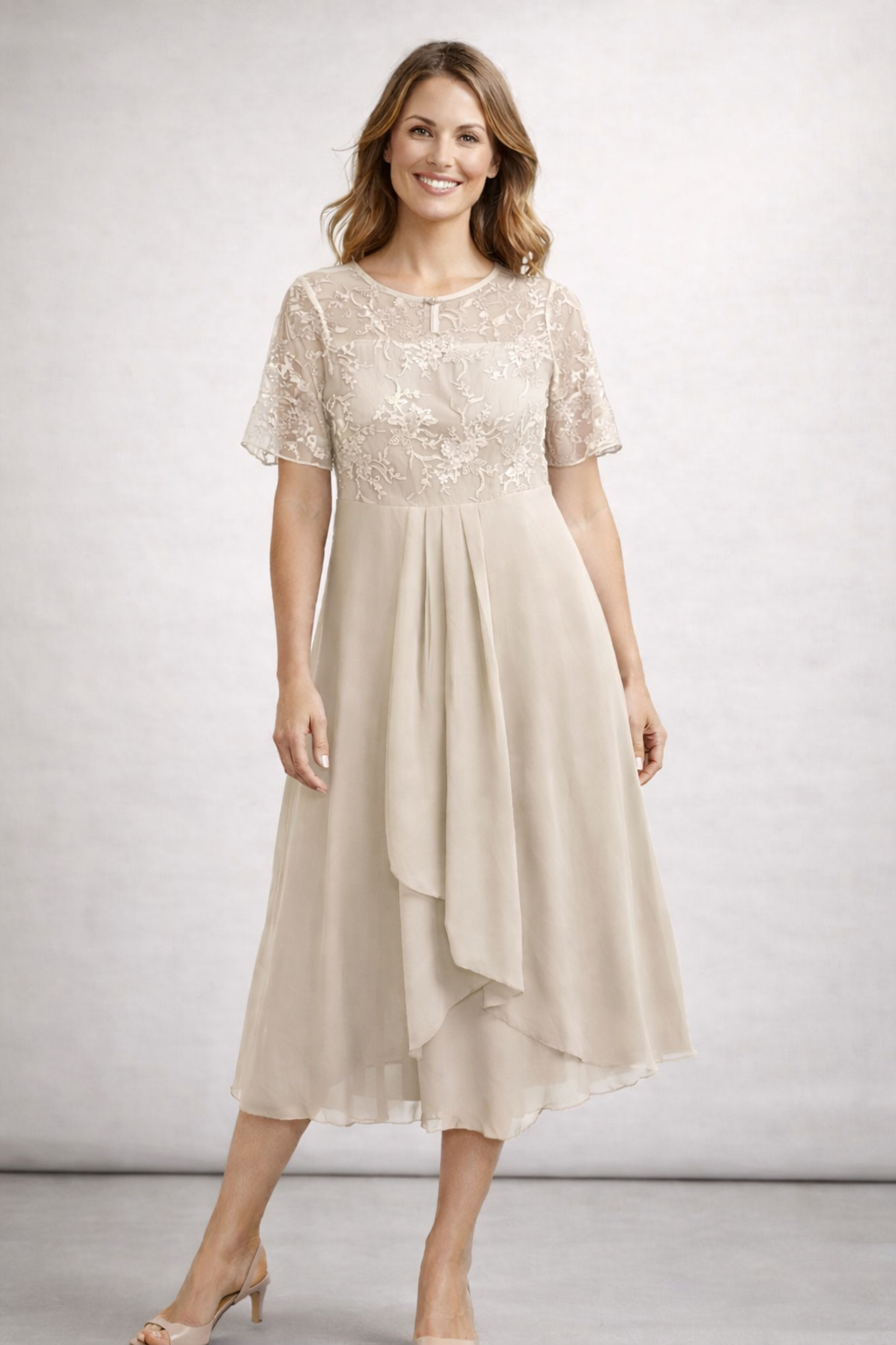 Vestido Midi de Chifón con Encaje y Manga Corta para Mujer, Invitada de Boda, Formal, Elegante, Fluido, Tallas Grandes
