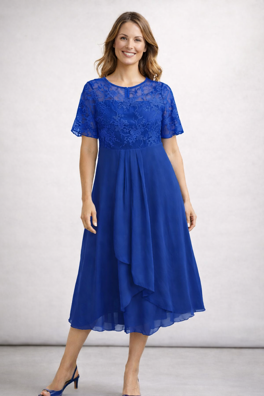 Vestido Midi de Chifón con Encaje y Manga Corta para Mujer, Invitada de Boda, Formal, Elegante, Fluido, Tallas Grandes