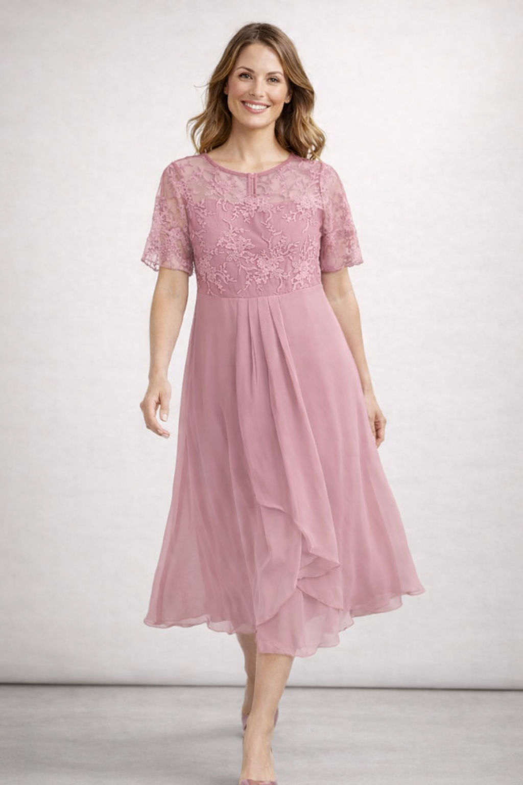 Vestido Midi de Chifón con Encaje y Manga Corta para Mujer, Invitada de Boda, Formal, Elegante, Fluido, Tallas Grandes