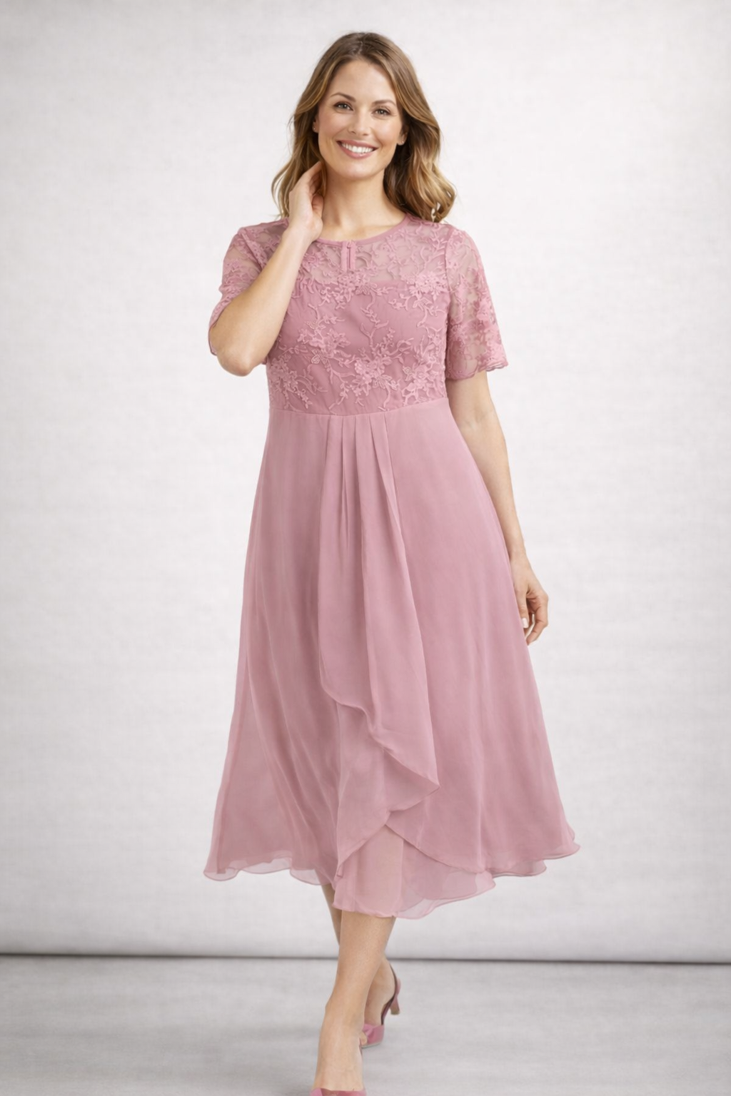 Vestido Midi de Chifón con Encaje y Manga Corta para Mujer, Invitada de Boda, Formal, Elegante, Fluido, Tallas Grandes
