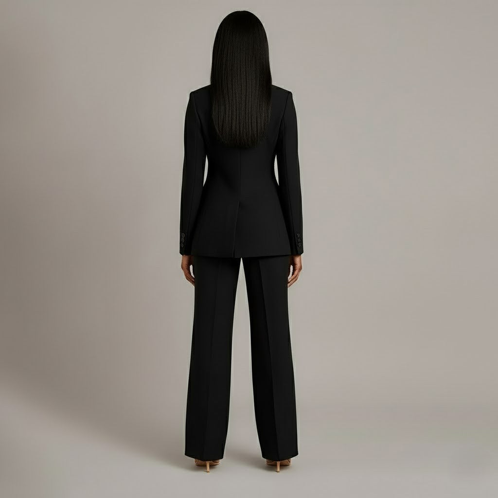 Conjunto de Traje Formal para Mujeres, Blazer Largo Estructurado, Pantalones de Pierna Ancha Ajustados, Elegante de Oficina – Christi