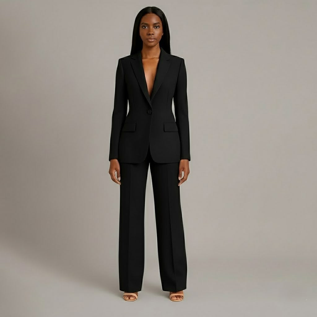 Conjunto de Traje Formal para Mujeres, Blazer Largo Estructurado, Pantalones de Pierna Ancha Ajustados, Elegante de Oficina – Christi