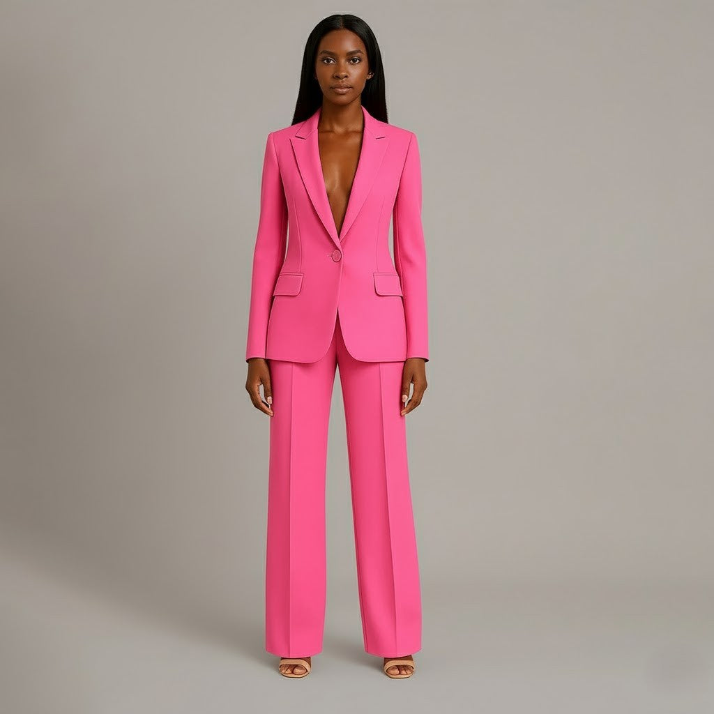 Conjunto de Traje Formal para Mujeres, Blazer Largo Estructurado, Pantalones de Pierna Ancha Ajustados, Elegante de Oficina – Christi