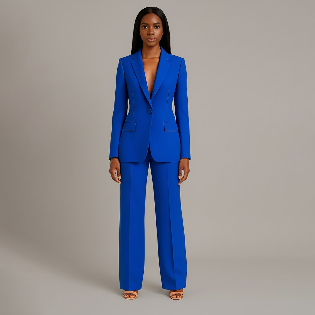 Conjunto de Traje Formal para Mujeres, Blazer Largo Estructurado, Pantalones de Pierna Ancha Ajustados, Elegante de Oficina – Christi