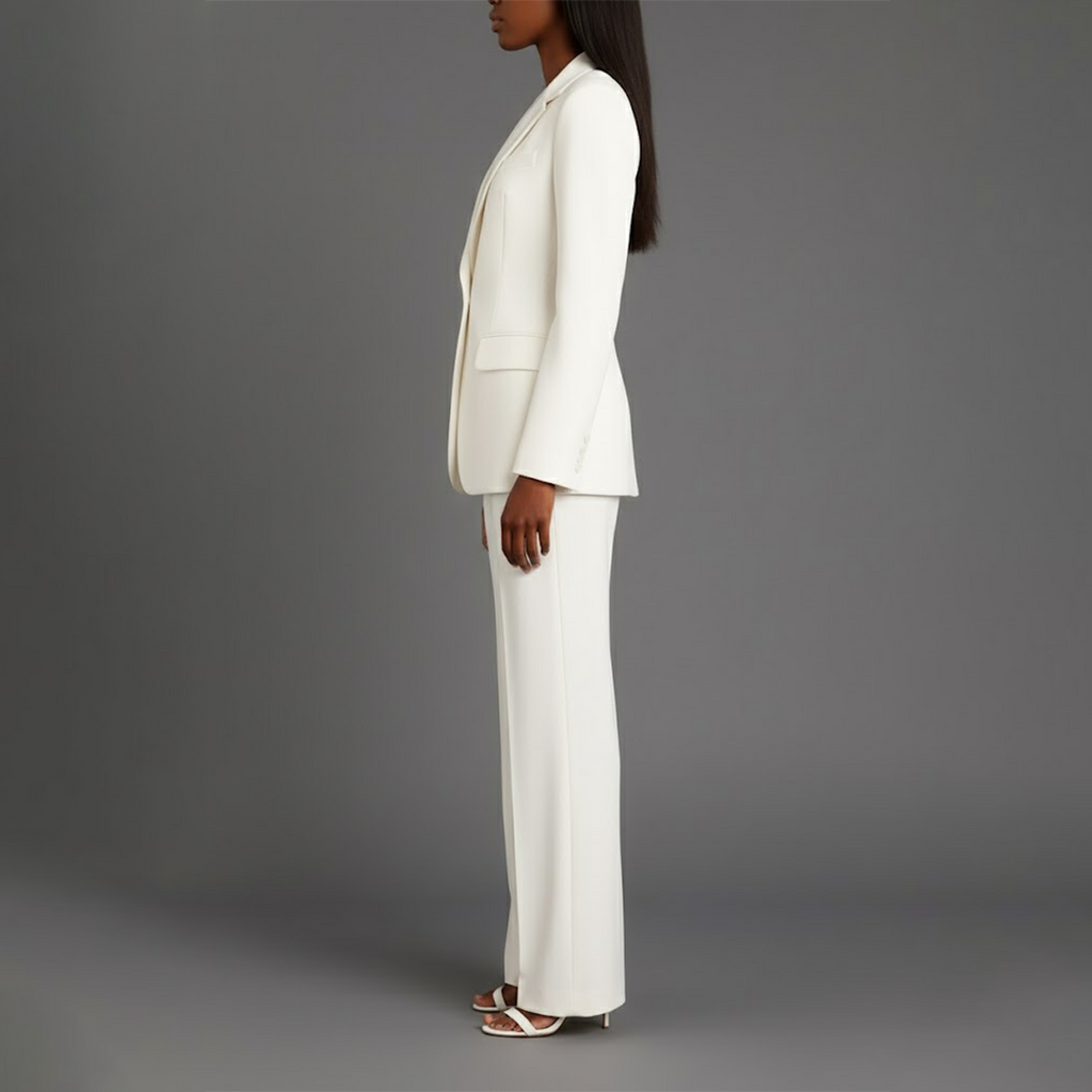 Conjunto de Traje Formal para Mujeres, Blazer Largo Estructurado, Pantalones de Pierna Ancha Ajustados, Elegante de Oficina – Christi