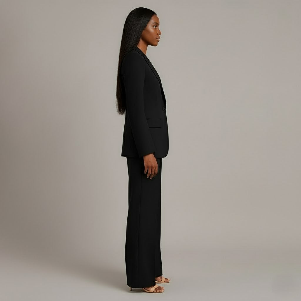 Conjunto de Traje Formal para Mujeres, Blazer Largo Estructurado, Pantalones de Pierna Ancha Ajustados, Elegante de Oficina – Christi