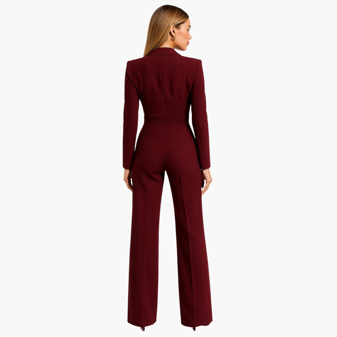 Mono Ajustado de Mujer con Escote en V Cruzado, Frente Envolvente, Pierna Ancha y Solapa Marcada, Formal y Elegante