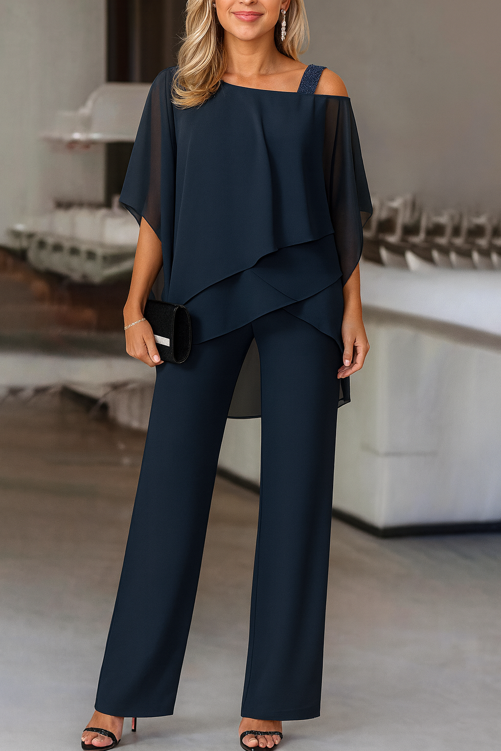 Conjunto Elegante de Dos Piezas para Mujeres: Top y Pantalones de Pierna Ancha para Eventos Formales, Bodas, Galas y Fiestas de Cóctel de Lujo – Burdeos, Negro, Blanco, Azul