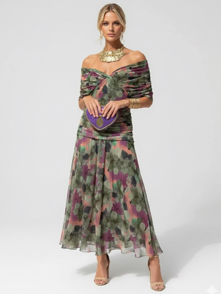 Vestido Largo Floral Fluido para Mujer Off-Shoulder V-Cuello Formal Elegante para Invitadas de Boda Casual – Lilly