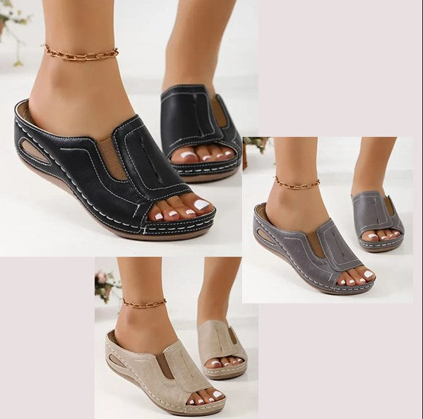 Sandalias de cuña para mujer, tipo slip-on, con soporte de arco, abiertas en la punta – Camilla