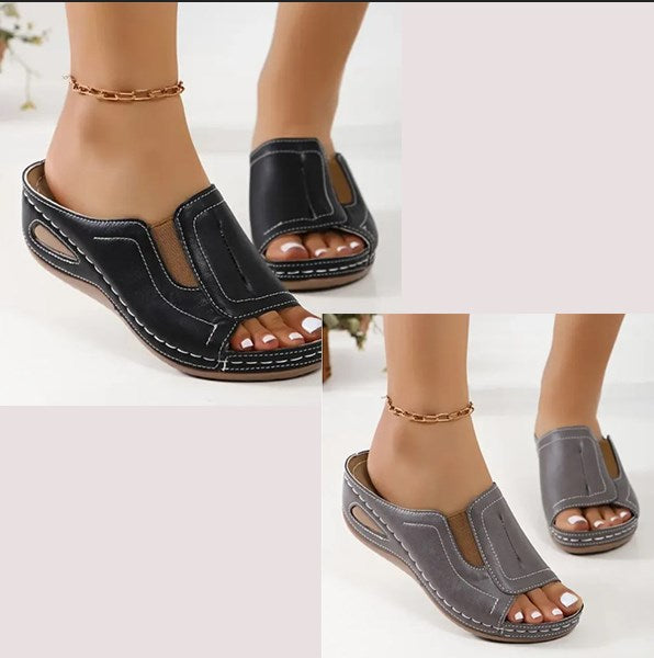 Sandalias de cuña para mujer, tipo slip-on, con soporte de arco, abiertas en la punta – Camilla
