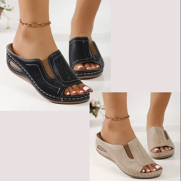 Sandalias de cuña para mujer, tipo slip-on, con soporte de arco, abiertas en la punta – Camilla