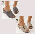 Sandalias de cuña para mujer, tipo slip-on, con soporte de arco, abiertas en la punta – Camilla