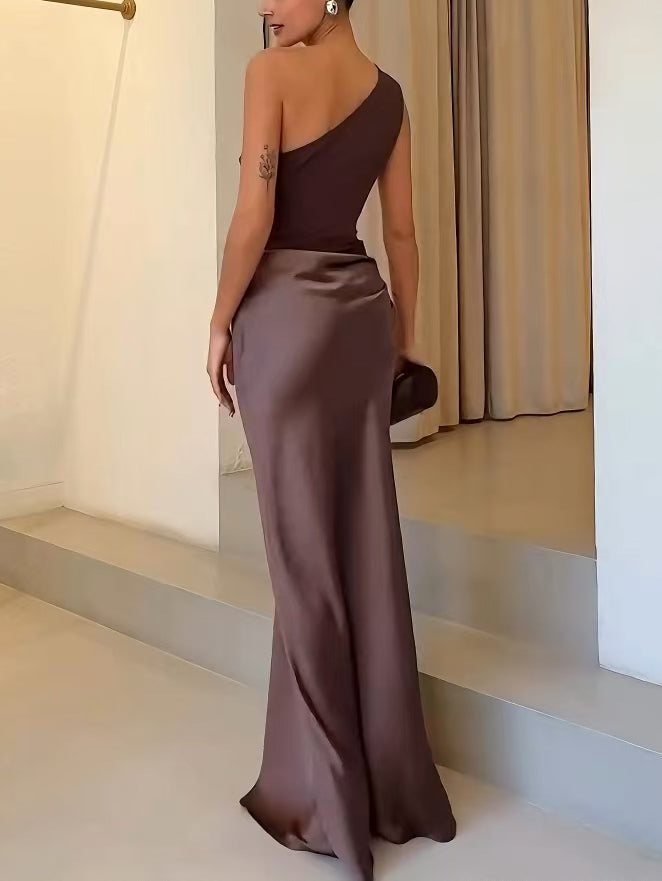 Vestido Largo de Satén Plisado de Una Sola Manga para Mujer Elegante Invitada de Boda Fiesta Noche – Anita