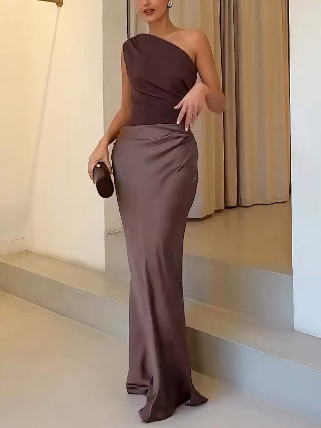 Vestido Largo de Satén Plisado de Una Sola Manga para Mujer Elegante Invitada de Boda Fiesta Noche – Anita