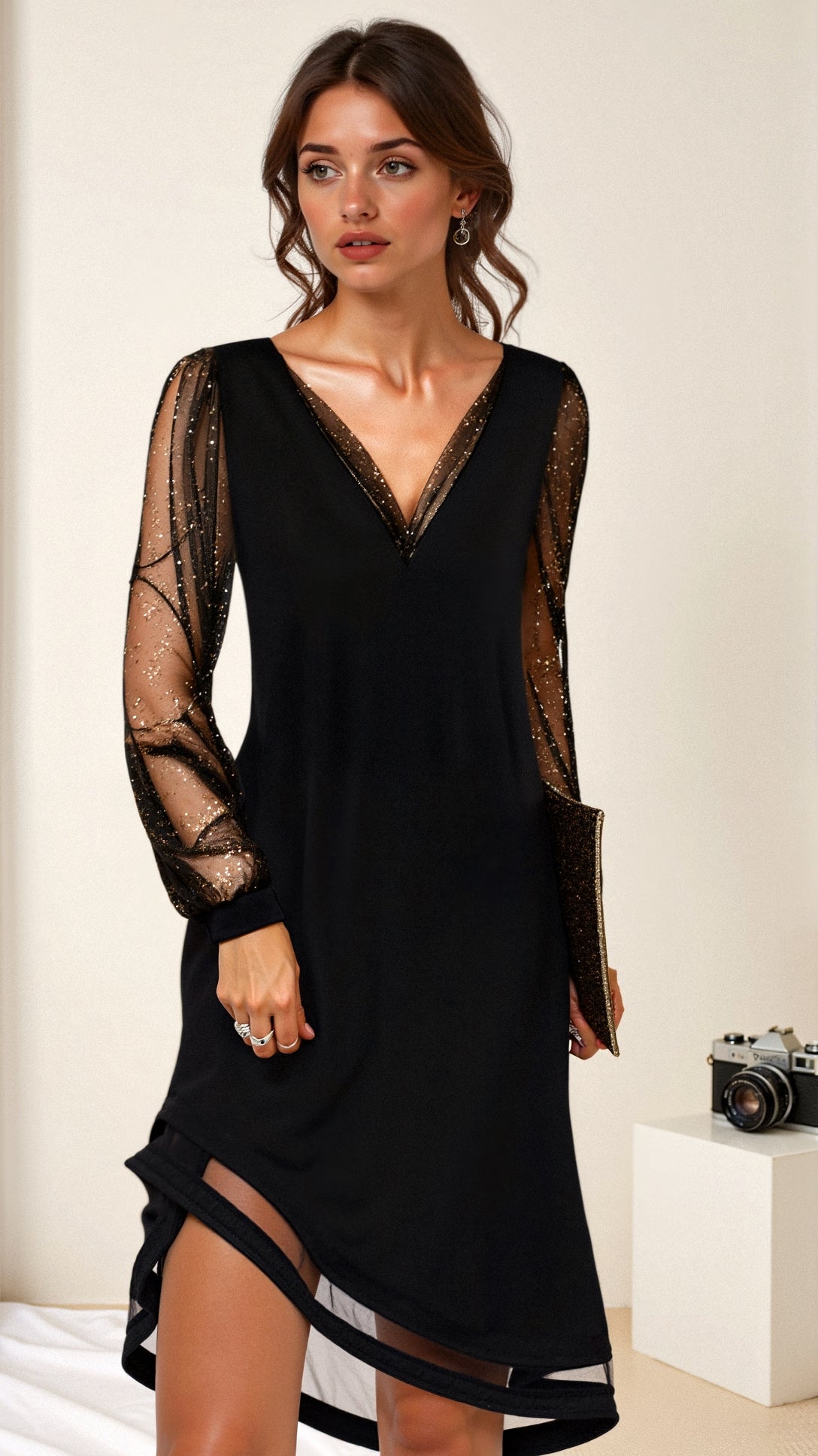 Vestido Midi V-Cuello con Mangas de Encaje Elegante para Mujer, Vestido de Fiesta Formal de Poliéster Elástico – Matilda Negro