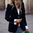 Blazer de Terciopelo Elegante para Mujer con Hombros Estructurados y Corte Ajustado, Botones en Tono Dorado, Formal y Casual – Marino