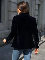 Blazer de Terciopelo Elegante para Mujer con Hombros Estructurados y Corte Ajustado, Botones en Tono Dorado, Formal y Casual – Marino