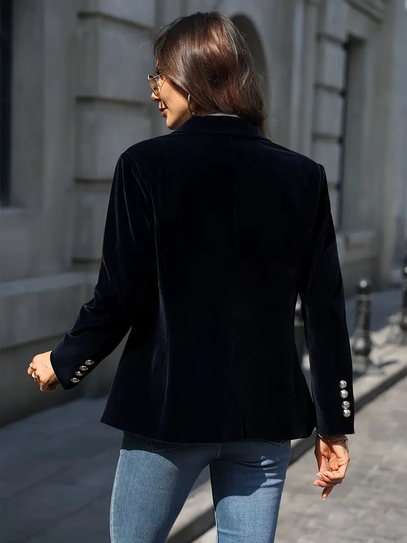 Blazer de Terciopelo Elegante para Mujer con Hombros Estructurados y Corte Ajustado, Botones en Tono Dorado, Formal y Casual – Marino