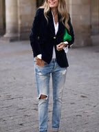 Blazer de Terciopelo Elegante para Mujer con Hombros Estructurados y Corte Ajustado, Botones en Tono Dorado, Formal y Casual – Marino