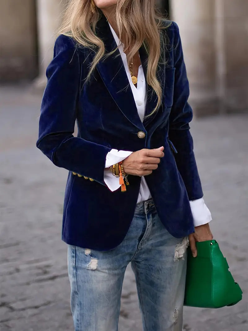 Blazer de Terciopelo Elegante para Mujer con Hombros Estructurados y Corte Ajustado, Botones en Tono Dorado, Formal y Casual – Marino