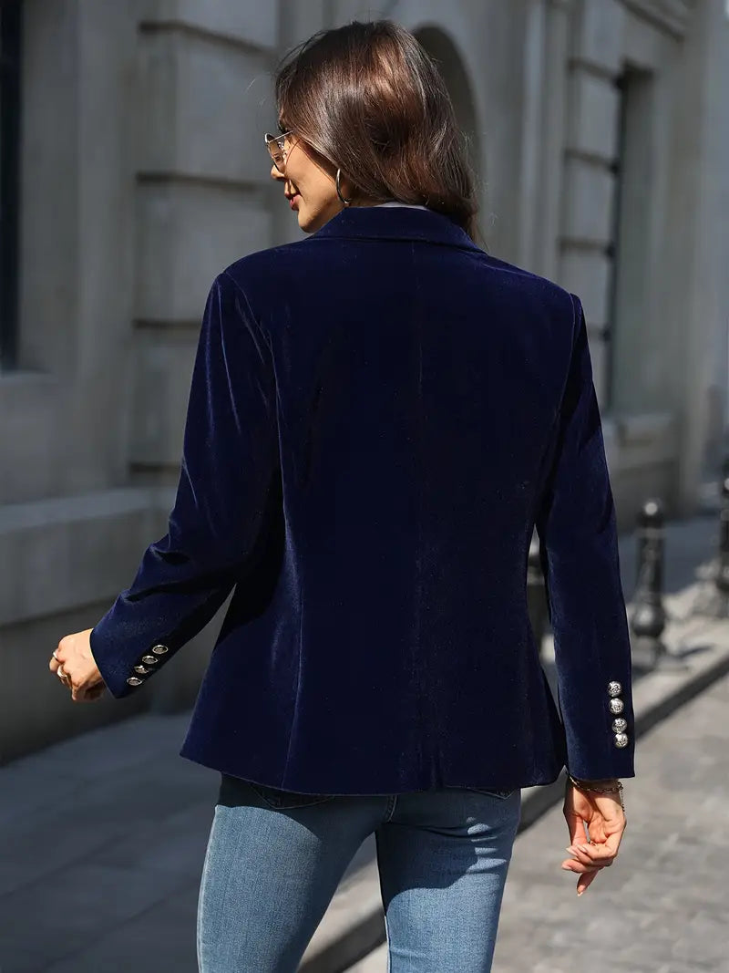 Blazer de Terciopelo Elegante para Mujer con Hombros Estructurados y Corte Ajustado, Botones en Tono Dorado, Formal y Casual – Marino