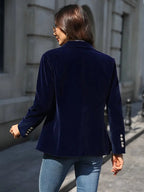 Blazer de Terciopelo Elegante para Mujer con Hombros Estructurados y Corte Ajustado, Botones en Tono Dorado, Formal y Casual – Marino