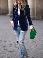 Blazer de Terciopelo Elegante para Mujer con Hombros Estructurados y Corte Ajustado, Botones en Tono Dorado, Formal y Casual – Marino