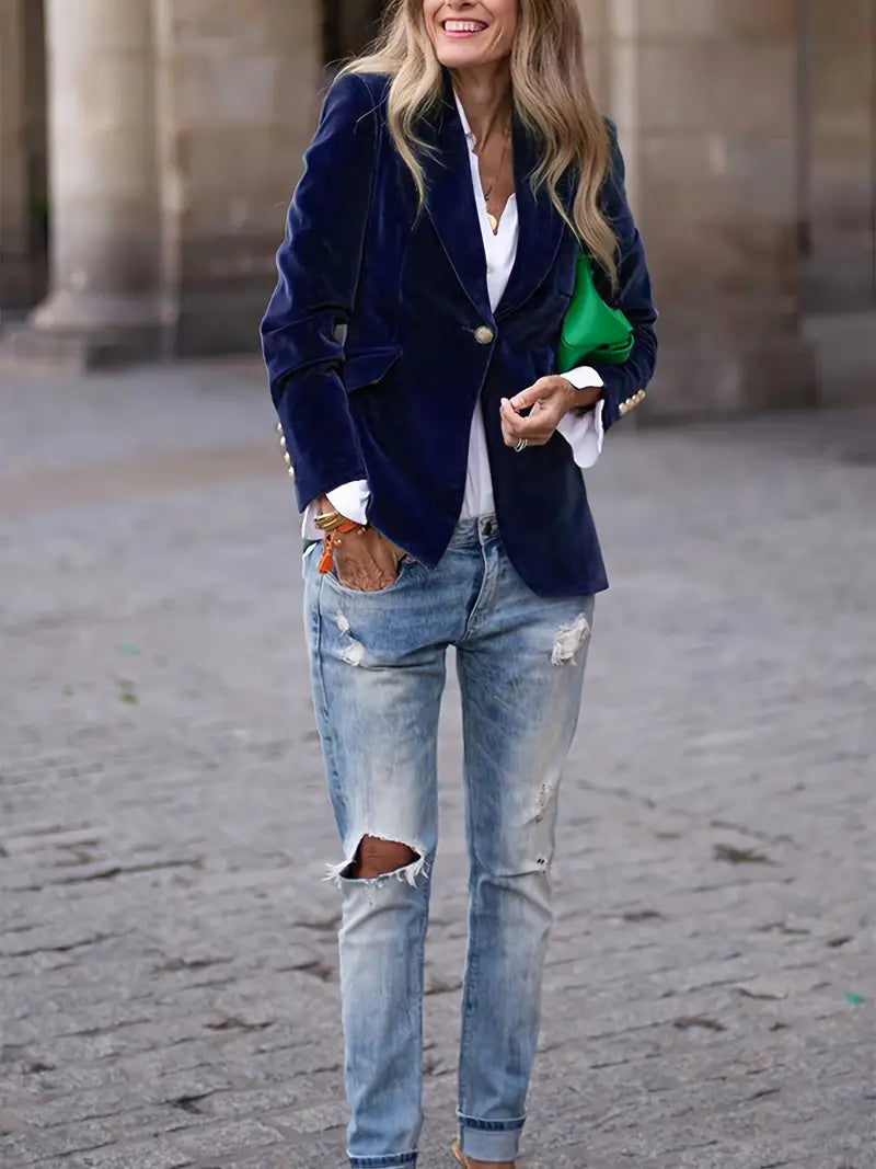 Blazer de Terciopelo Elegante para Mujer con Hombros Estructurados y Corte Ajustado, Botones en Tono Dorado, Formal y Casual – Marino