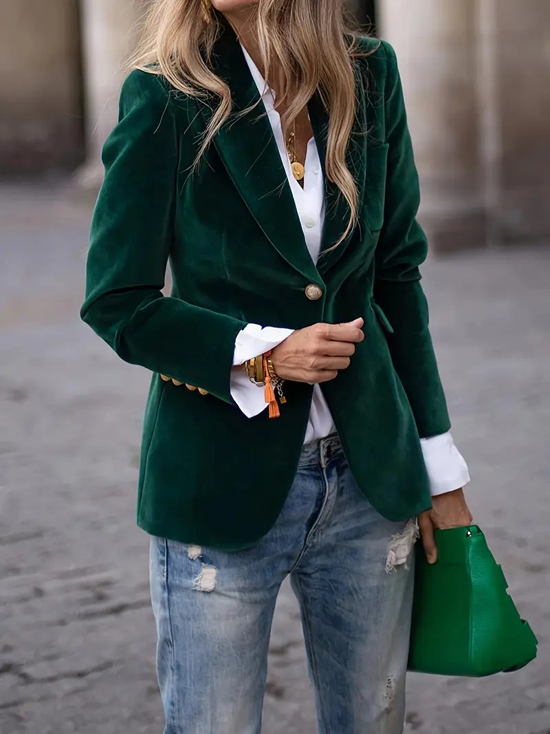 Blazer de Terciopelo Elegante para Mujer con Hombros Estructurados y Corte Ajustado, Botones en Tono Dorado, Formal y Casual – Marino