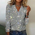 Top de Manga Larga con Brillo y Escote en V para Mujer – Elegante para Fiestas, Noches de Salida, Cócteles y Celebraciones – Otoño Plateado