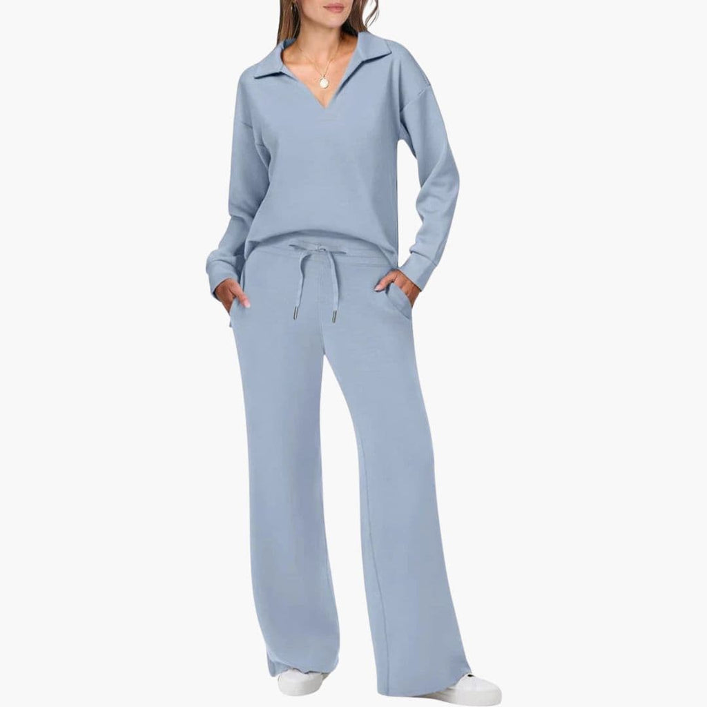 Conjunto de Dos Piezas para Mujer Top de Manga Larga con Escote en V Pantalones Anchos y Sueltos con Bolsillos Casual Comodidad Diaria