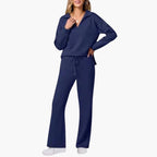 Conjunto de Dos Piezas para Mujer Top de Manga Larga con Escote en V Pantalones Anchos y Sueltos con Bolsillos Casual Comodidad Diaria