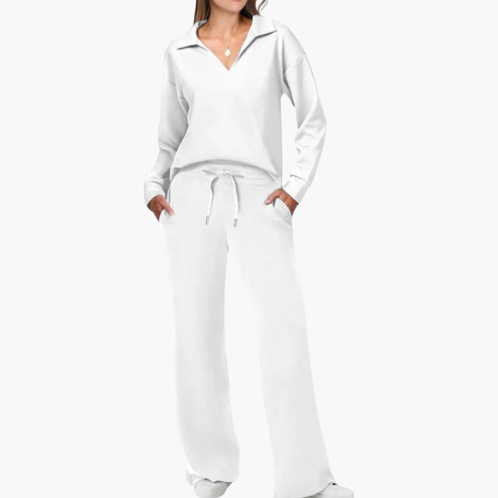 Conjunto de Dos Piezas para Mujer Top de Manga Larga con Escote en V Pantalones Anchos y Sueltos con Bolsillos Casual Comodidad Diaria